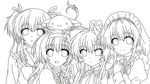  4girls :d animal bad_id bad_pixiv_id cat juliet_sleeves lineart long_hair long_sleeves maid maid_headdress mashiroiro_symphony monochrome multiple_girls open_mouth puffy_sleeves simple_background smile upper_body white_background 