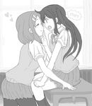  closed_eyes greyscale heart hirasawa_yui k-on! kuzu_kow long_hair monochrome multiple_girls nakano_azusa open_mouth pantyhose sakuragaoka_high_school_uniform school_uniform short_hair sitting skirt smile yuri 