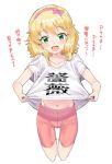  1girl bike_shorts blonde_hair clothes_writing gengorou green_eyes hairband idolmaster idolmaster_cinderella_girls lifted_by_self navel open_mouth pink_shorts sakurai_momoka shirt shirt_lift short_hair shorts simple_background smile solo thigh_gap translation_request white_background white_shirt 