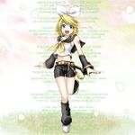  1girl blonde_hair blue_eyes hair_ribbon happy kagamine_rin kuromayu midriff open_mouth short_hair vocaloid 