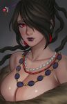  1girl bare_shoulders black_hair breasts cleavage collarbone commentary dress english_commentary eyeshadow face final_fantasy final_fantasy_x fur_trim grey_background hair_ornament hair_over_one_eye highres jewelry large_breasts lipstick long_hair looking_at_viewer lulu_(ff10) makeup mole mole_under_mouth necklace one_eye_covered portrait purple_lipstick red_eyes soffa solo 