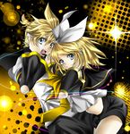  1girl blonde_hair blue_eyes brother_and_sister colorized hair_ribbon headphones headset kagamine_len kagamine_rin necktie ribbon ruka_(ff_lightning) short_hair siblings smile twins vocaloid yellow_neckwear 