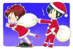  1girl artist_request blue_hair bow brown_hair chibi christmas female_protagonist_(persona_3) hair_ornament hat persona persona_3 persona_3_portable ribbon sack santa_costume santa_hat tripping yuuki_makoto 