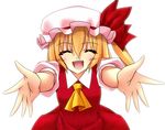  ascot bad_id bad_pixiv_id blonde_hair blush closed_eyes flandre_scarlet hat incoming_hug open_mouth outstretched_arms shunmin simple_background smile solo touhou white_background 