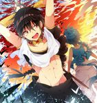  aladdin_(magi) arms_up black_hair blue_hair brown_eyes jewelry judal magi_the_labyrinth_of_magic multiple_boys open_mouth ponytail staff tobari_(brokenxxx) 