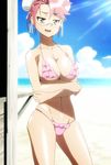  absurdres bikini breast_hold breasts crossed_arms error glasses highres highschool_of_the_dead large_breasts open_mouth pink_bikini pink_hair screencap smile solo stitched swimsuit takagi_saya third-party_edit yellow_eyes 