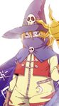  blonde_hair cape crescent digimon digimon_adventure gloves green_eyes hat highres male_focus owlkkk skull solo staff wizard_hat wizarmon zipper 