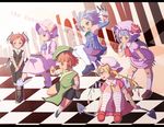  alternate_hair_length alternate_hairstyle ascot bad_id bad_pixiv_id bandages bare_shoulders bat_wings blonde_hair blue_eyes blue_hair book boots bow braid checkered checkered_floor crescent dress flandre_scarlet green_eyes hair_bow hat hat_ribbon head_wings highres hong_meiling izayoi_sakuya knife koakuma laevatein long_sleeves maid maid_headdress mimiru_(mimill) multiple_girls necktie open_mouth patchouli_knowledge purple_eyes purple_hair red_eyes red_hair remilia_scarlet ribbon short_hair side_ponytail silver_hair skirt smile striped striped_legwear thighhighs touhou twin_braids white_legwear wings 