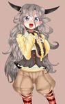  bad_id bad_pixiv_id blue_eyes curly_hair food highres horns kuzu_kow long_hair looking_at_viewer open_mouth original pantyhose shorts silver_hair simple_background solo striped striped_legwear very_long_hair 