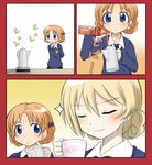  black_neckwear blonde_hair blue_eyes blue_sweater blush bottle braid brown_hair closed_eyes cup darjeeling dress_shirt emblem girls_und_panzer hair_ribbon holding long_sleeves multiple_girls necktie orange_hair orange_pekoe pouring ribbon school_uniform shijiani shirt short_hair skirt smile st._gloriana's_school_uniform standing sweater tea teacup teapot tied_hair twin_braids v-neck white_shirt 