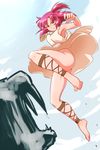  ankle_lace-up ass barefoot cloud cross-laced_footwear day dress feet jumping legs long_legs magi_the_labyrinth_of_magic morgiana no_panties one_side_up pink_hair red_eyes short_hair sky solo soubee1 thighs tiger upskirt 