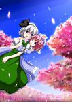  blue_eyes cherry_blossoms dango food hairband hat hug hug_from_behind iwamoto_sora konpaku_youmu multiple_girls petals pink_hair saigyouji_yuyuko short_hair silver_hair touhou wagashi 