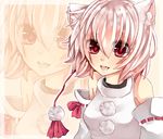 animal_ears bare_shoulders breasts detached_sleeves hat highres inubashiri_momiji medium_breasts open_mouth red_eyes revision short_hair smile solo tokin_hat touhou wakatsuki_you white_hair wolf_ears 