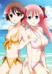  absurdres arm_holding beach bikini blue_eyes blush breasts brown_eyes brown_hair cloud day front-tie_top hair_ribbon haramura_nodoka highres large_breasts long_hair miyanaga_saki multiple_girls official_art open_mouth outdoors pink_bikini pink_hair ribbon saki scan short_hair side-by-side side-tie_bikini sky smile standing swimsuit twintails yellow_bikini yuri 