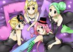  blonde_hair colorized don't_say_&quot;lazy&quot; fira_yuki green_hair hatsune_miku k-on! kagamine_len kagamine_rin long_hair looking_at_viewer megurine_luka multiple_girls pantyhose parody pink_hair short_hair smile vocaloid 