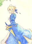  ahoge artoria_pendragon_(all) avalon_(fate/stay_night) blonde_hair dress excalibur fate/stay_night fate_(series) green_eyes hair_ribbon ribbon saber sheath sheathed solo sword traditional_media watercolor_(medium) weapon yaponne 