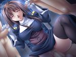  1girl 3boys blush breasts brown_hair censored corset eyes_closed forced game_cg gloves handjob multiple_boys nun open_mouth otome_2 penis pussy rape riddle_soft sex thighhighs valeria_opuryenchia white_gloves yamamoto_kazue 