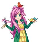  1girl animal bird biting blush butterfly cardigan collarbone dress egg fluttershy green_eyes looking_at_viewer mouth_hold my_little_pony my_little_pony_friendship_is_magic nest personification pink_hair semehammer shrug simple_background smile solo sundress sweat sweatdrop tareme white_background 
