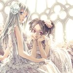  bare_shoulders blonde_hair blue_eyes brown_hair chin_rest colored_eyelashes dress flower hair_flower hair_ornament hands_on_own_cheeks hands_on_own_face highres lace long_hair minami_seira multiple_girls original parted_lips purple_eyes revision rose smile twintails white white_dress window 
