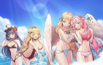  4girls :d :o ^_^ ahoge angel_wings artemia_(king&#039;s_raid) aselica_(king&#039;s_raid) bikini black_bikini black_hair blonde_hair blue_bikini blue_eyes breasts chibi_vanille choker cleavage closed_eyes cloud earrings eyes_closed eyewear_on_head flower frills groin hair_flower hair_ornament hairband hand_on_another&#039;s_shoulder heart heart_cutout heart_earrings heart_hair_ornament hibiscus highres jewelry king&#039;s_raid large_breasts light_rays long_hair mirianne_(king&#039;s_raid) multiple_girls navel necklace ocean one-piece_swimsuit open_mouth pink_hair red_swimsuit shea_(king&#039;s_raid) sky smile splashing star starfish_hair_ornament sunbeam sunglasses sunlight swimsuit tri_braids two_side_up very_long_hair wading water wings 