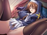  1girl breast_grab breasts brown_hair censored cross eyes_closed fingering game_cg gloves grabbing hood masturbation nun otome_2 pussy pussy_juice riddle_soft solo sweat thighhighs valeria_opuryenchia yamamoto_kazue 