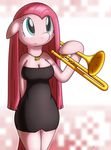  anthrofied big_breasts blue_eyes breasts cleavage clothed clothing dress equine female friendship_is_magic hair horse long_hair mammal musical_instrument my_little_pony pink_hair pinkamena_(mlp) pinkie_pie_(mlp) pony solo straight_hair tg-0 trombone 