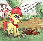  apple_bloom_(mlp) cub equine female feral friendship_is_magic fur hair horse mammal my_little_pony notebook outside pencil pioneer pony red_hair russian_text satchel solo soviet text ulyanovetz yellow_fur young 