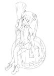  broom greyscale hatsune_miku highres jack-o'-lantern jaco lineart long_hair monochrome sitting skirt smile solo vocaloid 