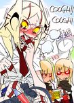  asthma blonde_hair braces commentary coughing eating food g=hikorou genderswap genderswap_(mtf) general_grievous glasses hair_ornament hairclip inhaler long_hair multiple_arms necktie personification school_uniform star_wars yellow_sclera 