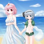  beach blue_eyes blush breast_hold breasts cleavage contemporary cutoffs dress flat_chest holding konpaku_youmu konpaku_youmu_(ghost) large_breasts multiple_girls navel no_hat no_headwear ocean open_clothes open_fly open_shorts pink_hair red_eyes riku_(rikkuru) saigyouji_yuyuko sarashi short_hair short_shorts shorts silver_hair touhou triangular_headpiece unbuttoned unzipped white_dress 