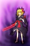  arm_ribbon blonde_hair blush breasts cleavage darkness hair_ribbon highres japanese_clothes katana medium_breasts red_eyes ribbon rumia sandals scabbard sheath short_hair smile solo sword tennenmoe touhou weapon 