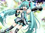  1girl blue_eyes blue_hair detached_sleeves happy hatsune_miku kuromayu long_hair microphone open_mouth twintails vocaloid 