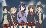  4girls black_hair blonde_hair blue_eyes brown_eyes brown_hair chrisebi chuunibyou_demo_koi_ga_shitai! company_connection dekomori_sanae eyepatch frilled_skirt frills green_eyes hand_in_pocket hood hoodie k-on! kyoto_animation long_hair multiple_girls necktie nibutani_shinka no_thank_you! one_side_up parody plaid plaid_skirt red_eyes school_uniform short_hair skirt striped striped_neckwear sweater takanashi_rikka togashi_yuuta tsuyuri_kumin 