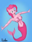  anthro anthrofied blue_background blue_eyes breasts drakxs equine female fish fish_tail friendship_is_magic hair horse mammal marine mermaid my_little_pony nipples no_feet pink_hair pinkie_pie_(mlp) plain_background pony signature solo 