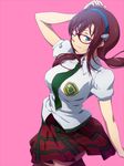  blue_eyes blush evangelion:_2.0_you_can_(not)_advance evangelion:_3.0_you_can_(not)_redo glasses hairband hairu long_hair makinami_mari_illustrious necktie neon_genesis_evangelion pink_background plaid plaid_skirt rebuild_of_evangelion skirt smile solo thighhighs 