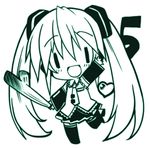  blush chibi hatsune_miku heart long_hair looking_at_viewer monochrome open_mouth senomoto_hisashi simple_background skirt smile solo thighhighs twintails very_long_hair vocaloid white_background |_| 
