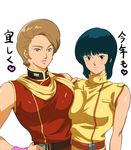  black_hair blonde_hair blue_eyes breast_press breasts fa_yuiry gundam heart large_breasts light_brown_hair lila_milla_rira lips lipstick looking_at_viewer makeup opocom scarf short_hair side-by-side simple_background sleeveless small_breasts smile translation_request volvox white_background wristband zeta_gundam 
