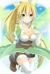  bad_id bad_pixiv_id blonde_hair blush braid breasts choker cleavage collarbone elf fairy_wings green_eyes green_wings highres i_m_a large_breasts leafa long_hair looking_at_viewer pointy_ears ponytail smile solo sword_art_online thighhighs twin_braids white_legwear wings 