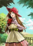  :d aono_(091139) aqua_eyes bangs bouquet brown_hair capelet cloud day dress fence field flower hat holding long_hair looking_back nature open_mouth original parted_bangs rose shade sky smile solo striped striped_dress tree vertical_stripes 
