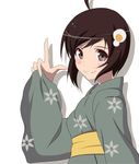  ahoge araragi_tsukihi black_eyes black_hair japanese_clothes kimono monogatari_(series) nisemonogatari pointing pointing_up short_hair solo taka_(takahirokun) 