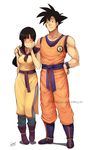  1girl bangle black_hair blush boots bracelet breasts chi-chi_(dragon_ball) chinese_clothes closed_eyes clothes_writing couple dated dougi dragon_ball embarrassed faustsketcher hand_on_shoulder height_difference hetero highres husband_and_wife jewelry long_hair medium_breasts muscle older pants sleeveless son_gokuu wristband 