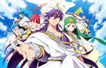  5boys bad_id bad_pixiv_id bird blue_hair cloud dalc_rose day drakon earrings freckles hat highres hinahoho ja'far jewelry keffiyeh long_hair magi_the_labyrinth_of_magic masrur multiple_boys multiple_girls pisti purple_hair red_hair ring sharrkan short_hair sinbad_(magi) sky spartos staff sword turban weapon white_hair witch_hat yamuraiha yellow_eyes 