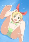  :d annaka_haruna barefoot bikini blonde_hair cameltoe feet flat_chest green_bikini green_eyes nichijou open_mouth smile soles solo swimsuit tomboo water_slide 