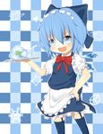  akisha alternate_costume apron bad_id bad_pixiv_id blue_eyes blue_hair blush bow cirno enmaided frog garter_straps hair_bow highres ice ice_wings maid maid_headdress open_mouth smile solo touhou wings 