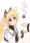  ? akitsuchi_shien blonde_hair cat ears fate_testarossa hair_ribbon kneeling long_sleeves lyrical_nanoha mahou_shoujo_lyrical_nanoha mahou_shoujo_lyrical_nanoha_a's multiple_girls paw_pose paw_print red_eyes ribbon school_uniform seishou_elementary_school_uniform smile twintails white_background 