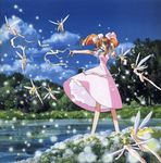  90s bow cloud day dress fairy fairy_wings flower green_eyes ishida_atsuko long_hair nude official_art orange_hair outdoors outstretched_arms pink_bow pink_dress scan shamanic_princess sky smile solo spread_arms tiara_(shamanic_princess) tree twintails water wings 