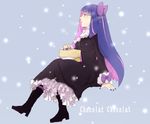  aono_(091139) basket boots bow dress english from_side full_body hair_bow long_hair nail_polish panty_&amp;_stocking_with_garterbelt shoes sitting snow solo stocking_(psg) 