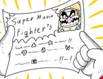  2boys double_v egg facial_hair gloves grin hard_translated letter lowres male male_focus mario mario_(series) multiple_boys mushroom mustache nintendo note photo_(object) picture pointing poop smile star super_mario_bros. translated v wario wario_land yoshi_egg 