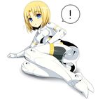  1girl :o arm_support arnval ass bangs blonde_hair blue_eyes blush bodysuit breasts busou_shinki doll_joints flying_sweatdrops full_body gloves keemu_(occhoko-cho) looking_at_viewer lying on_side open_mouth parted_bangs shadow short_hair simple_background small_breasts solo speech_bubble spoken_exclamation_mark surprised white_background 