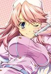  ;) belt blue_eyes blush breasts gloves hat holding holding_syringe jon_shicchiou large_breasts long_hair media_(quiz_magic_academy) nurse nurse_cap one_eye_closed pink_hair quiz_magic_academy shirt smile solo syringe taut_clothes taut_shirt 